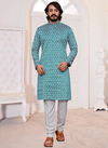 Teal Blue Colour Heavy Traditional Wear Art Silk Lucknowi Work Kurta Pajama Mens Collection 39007